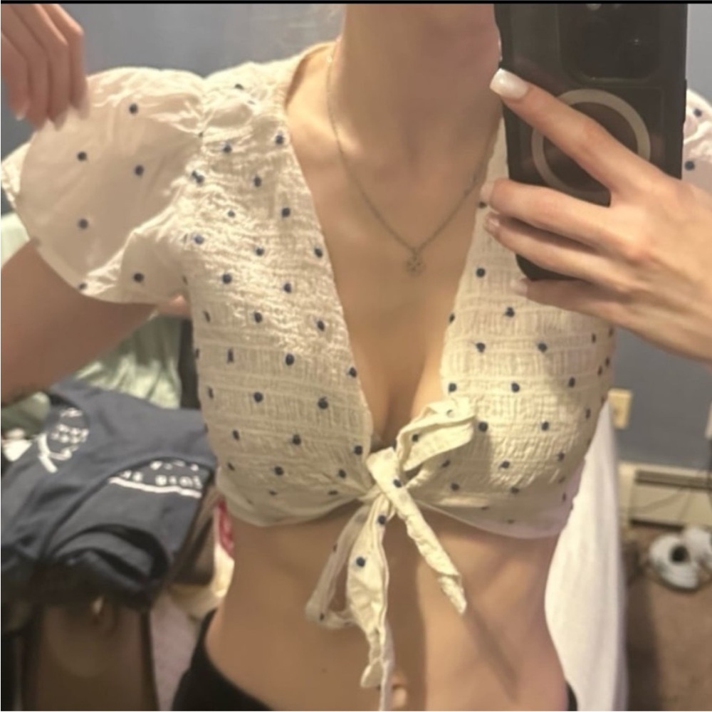 American Eagle Polka Dot Front Tie Crop Top Blouse